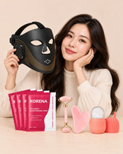 AI-generated KORENA LED Glow Ritual Kit portrait: one LED mask, four hydrogel masks and three pink facial tools. Product and packaging verification pending.