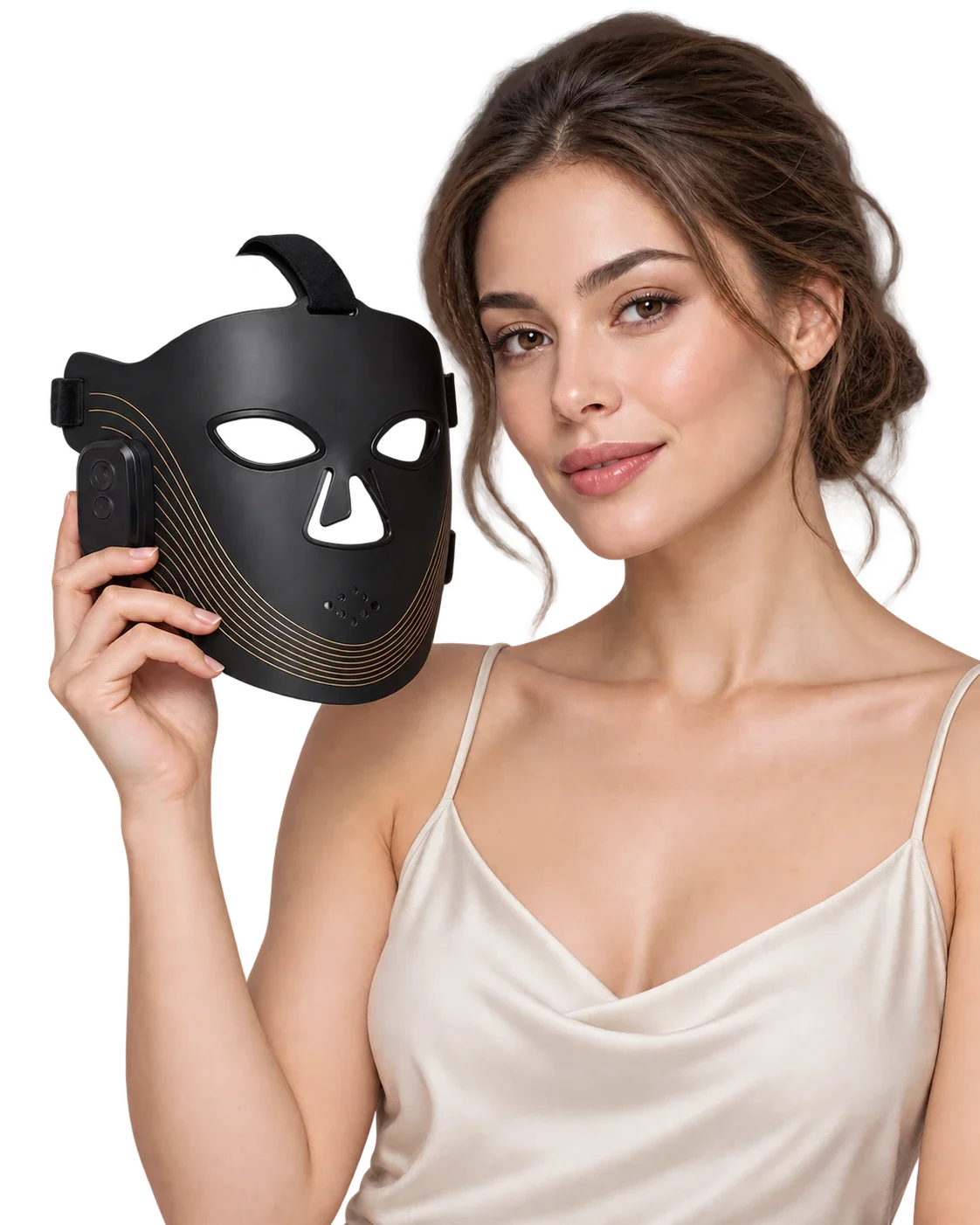 Illustrative KORENA portrait holding the empty LED mask; product verification pending.