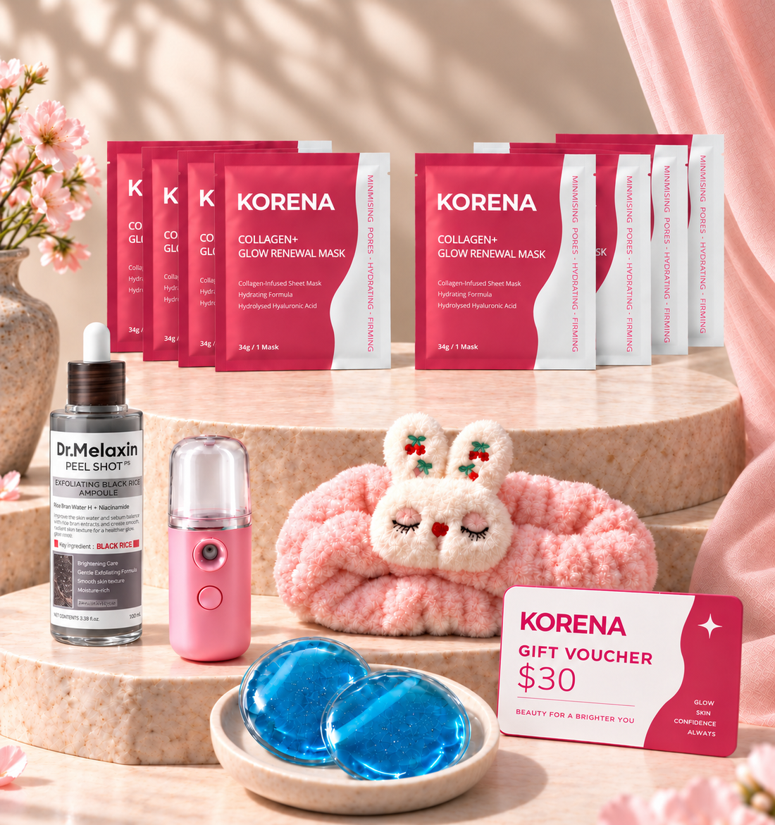 The Founding Drop with hydrogel masks, serum, spa headband, facial mist sprayer, gel eye masks and KORENA voucher