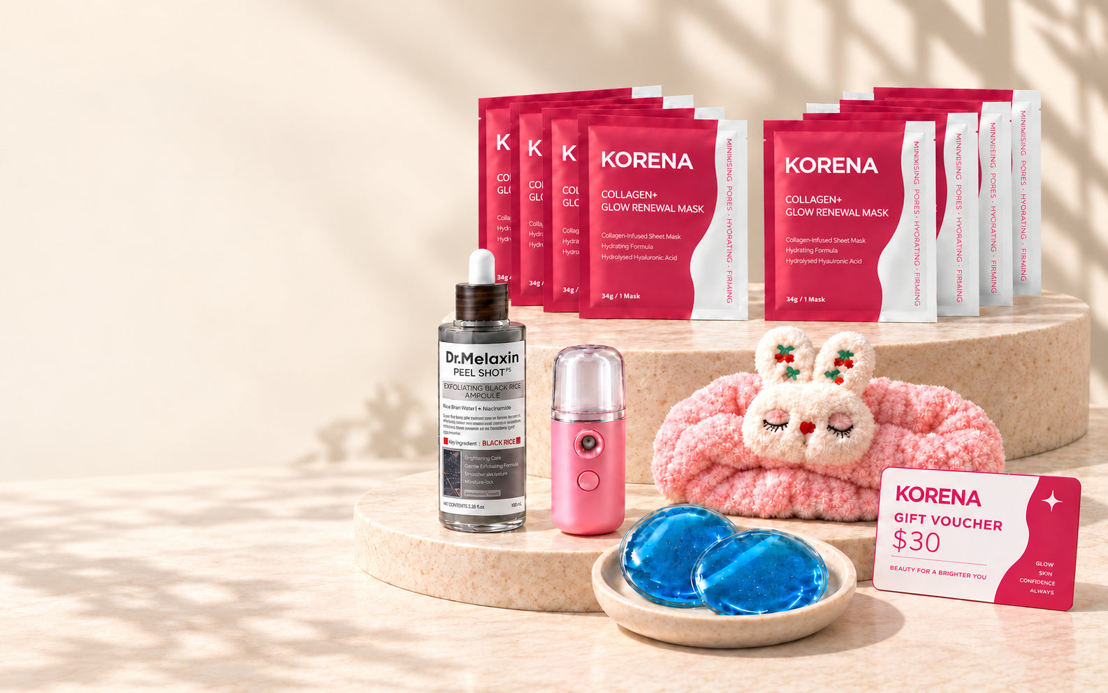 Eight KORENA hydrogel masks with the complete Glass Skin Kit