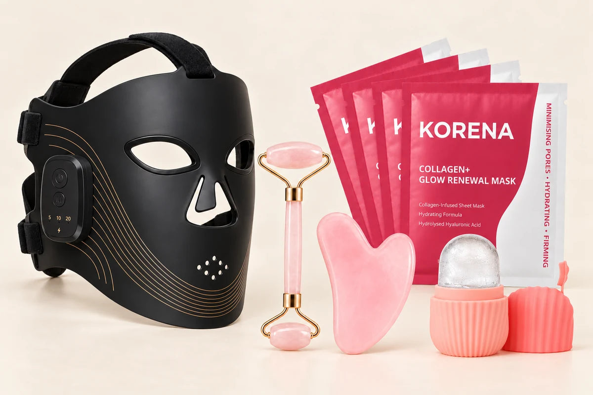 AI-generated kit composition: one KORENA LED mask, four KORENA hydrogel masks, one pink facial roller, one pink resin gua sha, and one pink ice roller with its cap.
